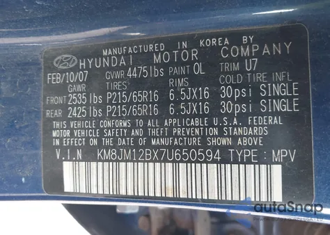 2007 Hyundai Tucson Gls z USA, uszkodzony, nr VIN KM8JM12BX7U650594